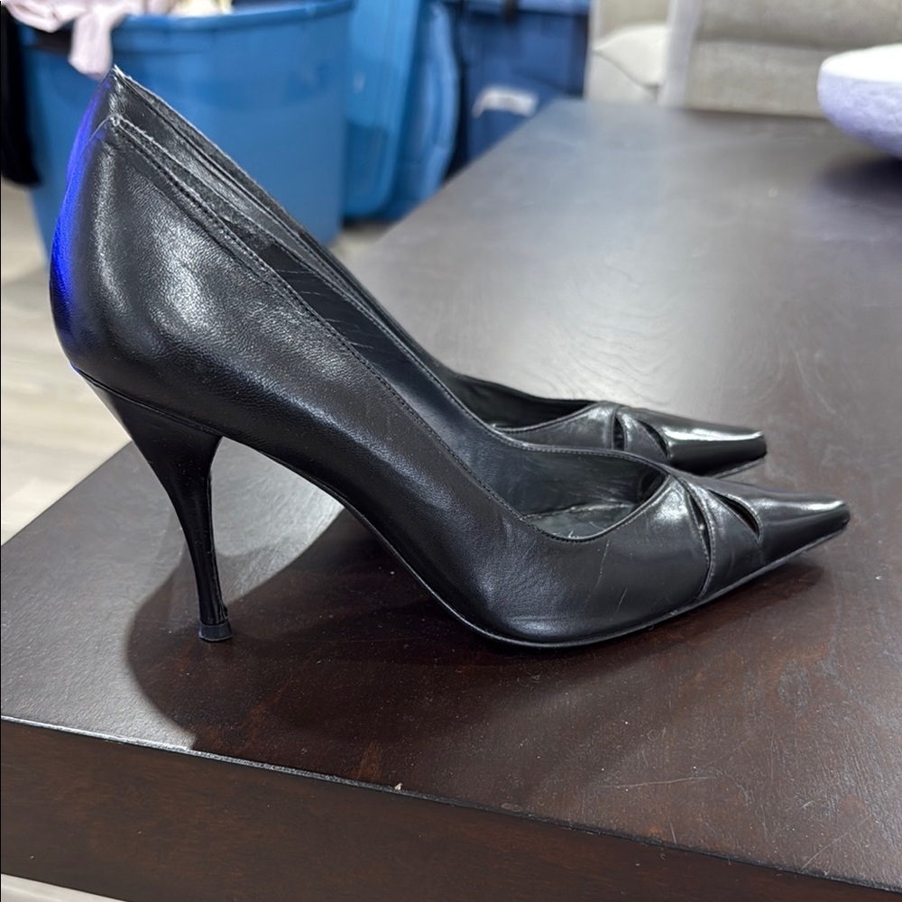 Stuart Weitzman Black Peep-Toe Stiletto Heels